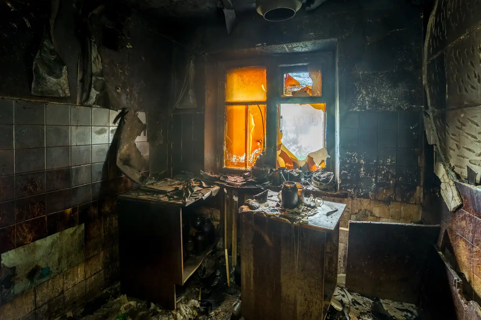 Fire damage restoration crew responding to a house fire in Riverside, CA near 92501
